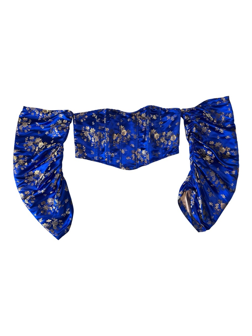 Fashion Nova Royal Blue Satin Floral Corset Crop Top with Gold Accents Sz 1X - Picture 5 of 16